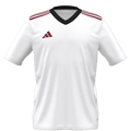 White Adidas soccer jersey with a black V-neck, maroon stripes on the shoulders, and a maroon Adidas logo on the chest.