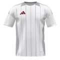 A white Adidas soccer jersey featuring thin maroon and grey vertical pinstripes, grey side panels, and a maroon Adidas logo on the chest.