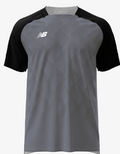 Gray New Balance athletic t-shirt featuring black raglan sleeves, a subtle geometric dot pattern on the body, and a white NB logo on the chest.