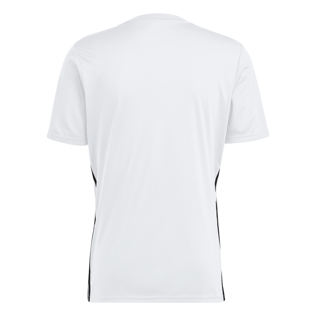 Back view of a white short-sleeved athletic t-shirt with thin black vertical stripes along the sides.