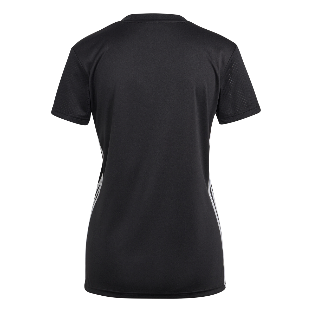 Back view of a black short-sleeve athletic jersey with white side stripes, on a plain white background.