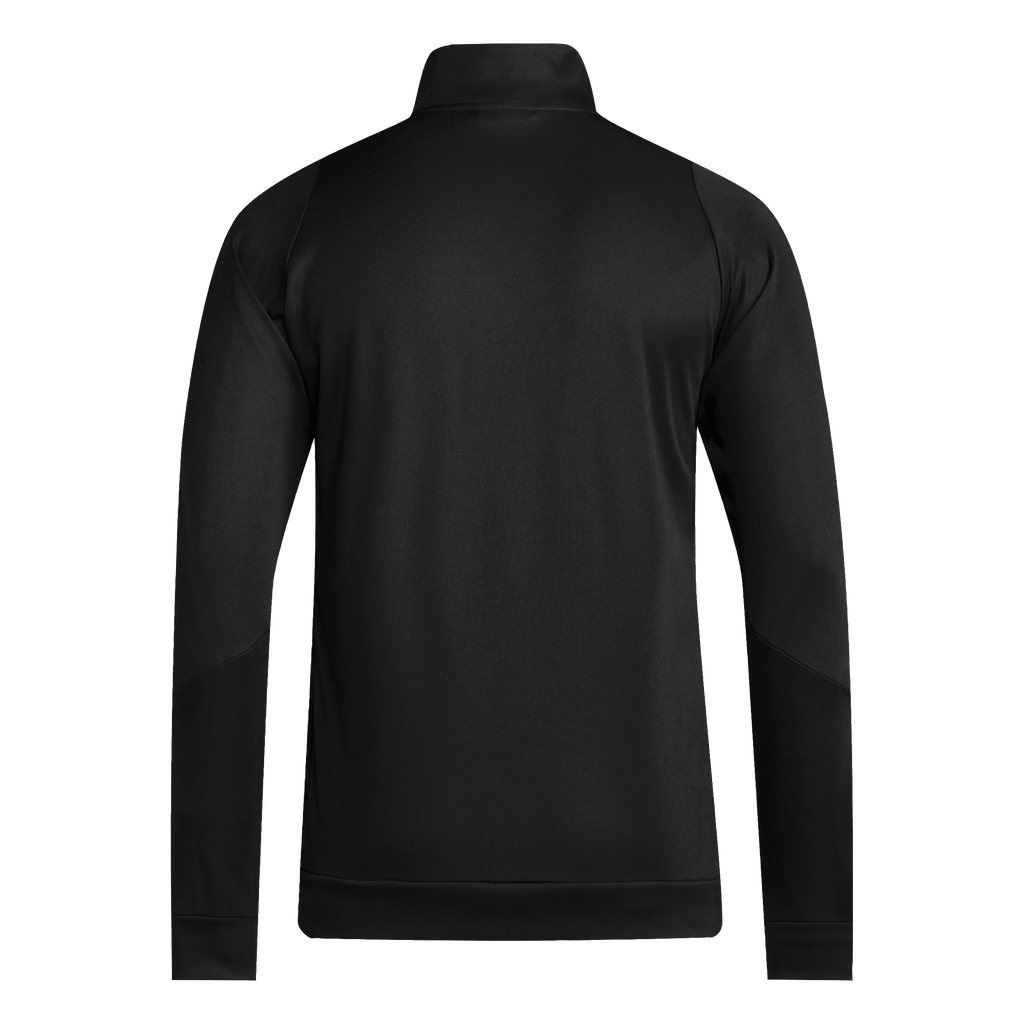 Back view of a black long-sleeved athletic jacket with a mock neck, raglan sleeves, and ribbed cuffs and hem.