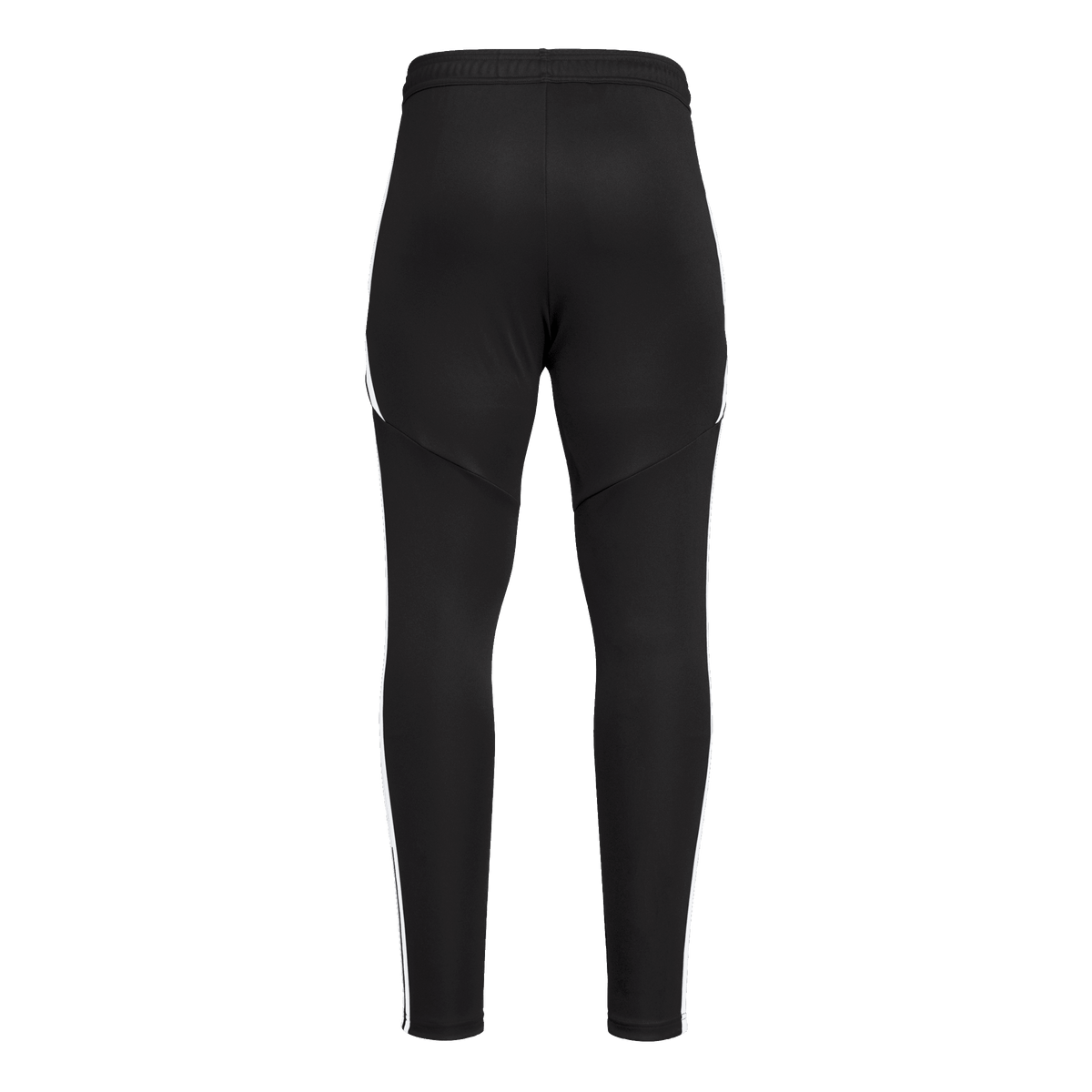 Back view of black athletic track pants with thin white stripes down the sides and a tapered leg.
