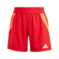 Red athletic shorts with orange side panels and a white Adidas logo on the lower left leg, set against a black background.