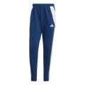 Dark blue Adidas track pants with white hip panels, side stripes, an elastic waistband, and cuffed ankles.