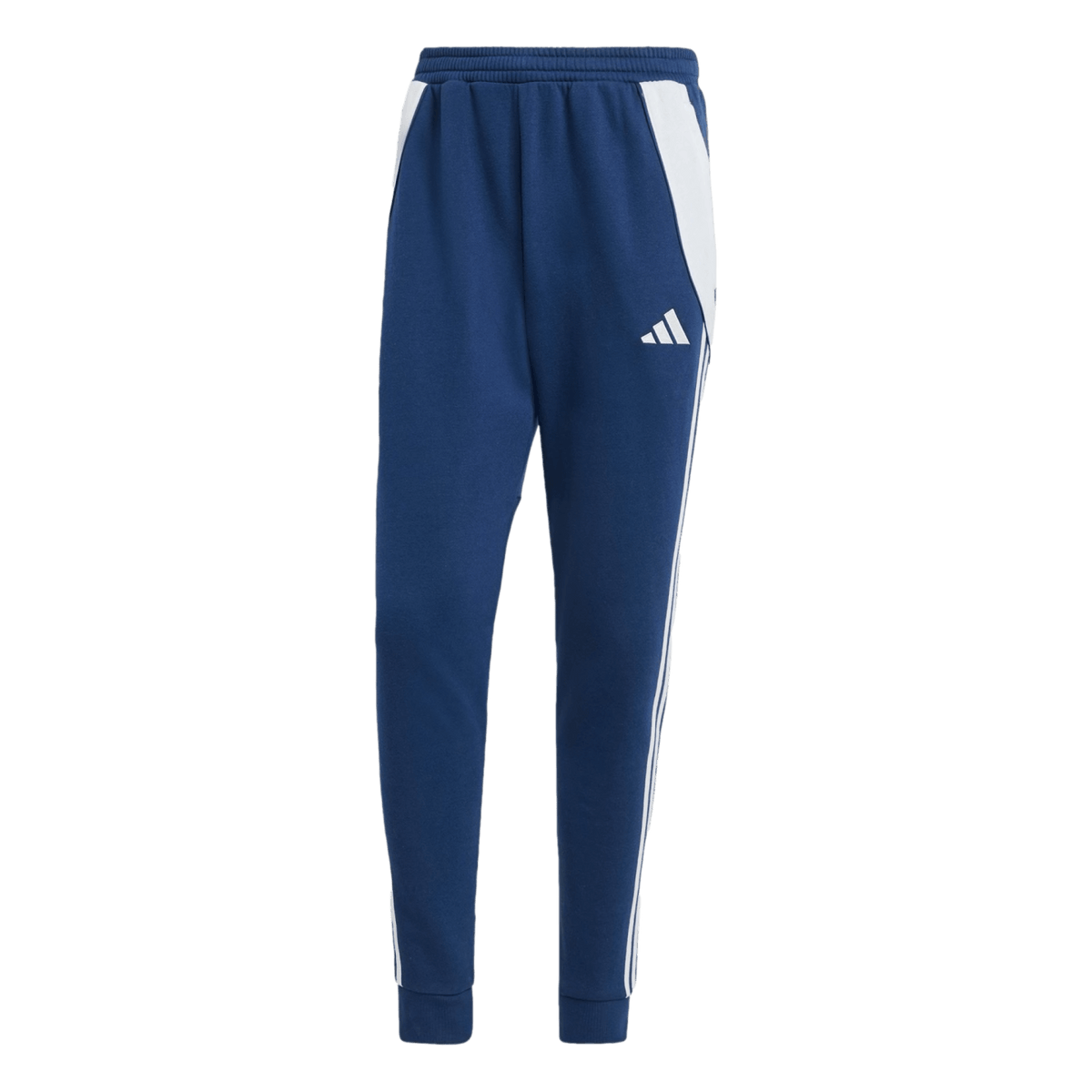 Dark blue Adidas track pants with white hip panels, side stripes, an elastic waistband, and cuffed ankles.