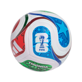White soccer ball with colorful red, blue, and green patterns. It features the 2026 FIFA World Cup logo and "TRIONDA TRAINING" text.