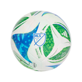 A white MLS training match ball replica featuring green and blue star patterns, the league's shield logo, and text celebrating its 30th anniversary.