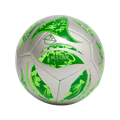 A silver and green Major League Soccer (MLS) club replica soccer ball with a metallic finish and abstract green designs.