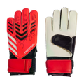 Front and back view of red Adidas Predator goalkeeper gloves. The back has black chevron patterns and white stripes, while the palm is white with a red strap.