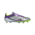 Side view of an iridescent purple and lime green Adidas F50 soccer cleat with white stripes, featuring clear studs on a black background.