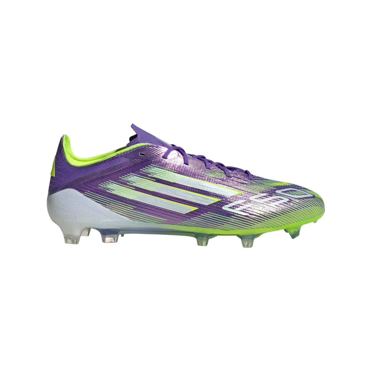 Side view of an iridescent purple and lime green Adidas F50 soccer cleat with white stripes, featuring clear studs on a black background.