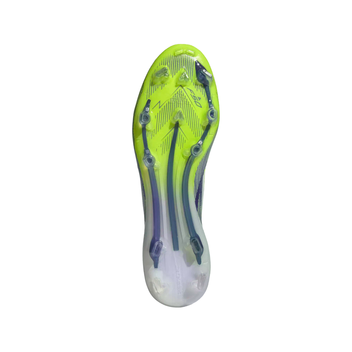 Underside view of a neon yellow soccer cleat featuring clear triangular studs, purple structural supports, and "F50" branding. The heel is translucent white.