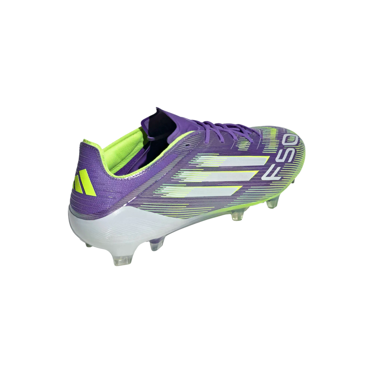 A purple Adidas F50 soccer cleat with lime green and white accents, viewed from the rear side against a black background.