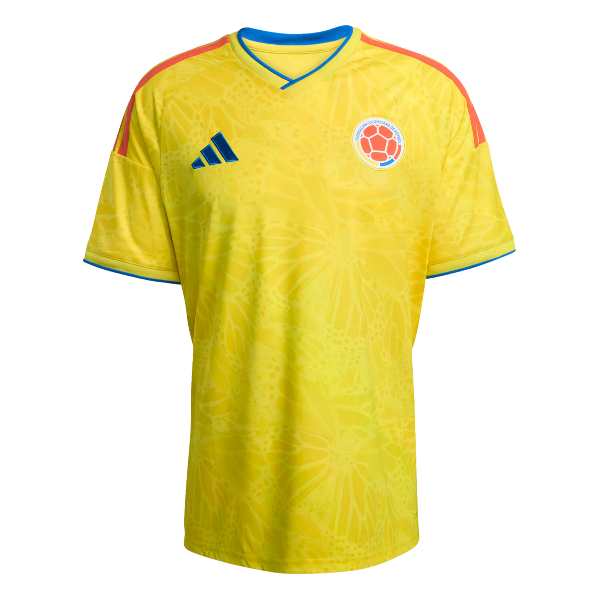Yellow Adidas Colombia national team soccer jersey with a subtle tonal butterfly pattern, blue collar and sleeve trim, and orange shoulder stripes.