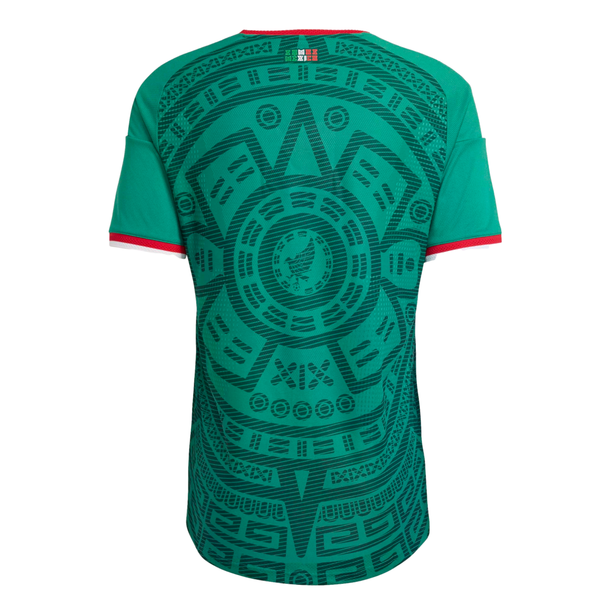 Back of a green Mexico national team soccer jersey featuring a large, intricate Aztec-inspired tonal pattern and red and white trim on the collar and sleeves.