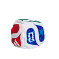 Small white plush cube featuring colorful FIFA World Cup 2026 and Adidas logos on its faces, set against a black background.