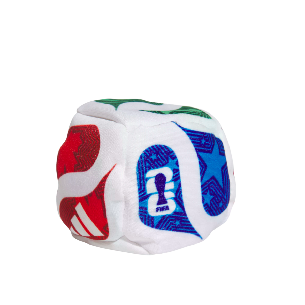 Small white plush cube featuring colorful FIFA World Cup 2026 and Adidas logos on its faces, set against a black background.