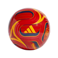 A red Adidas soccer ball with yellow and blue wavy designs, the Spanish national team crest, and "TRIONDA" text.