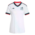 A white Mexico national team soccer jersey with dark green and red accents. The V-neck collar and sleeve cuffs are trimmed in dark green and red. Dark green stripes run along the shoulders, and the chest features a black Adidas Trefoil logo on the right a