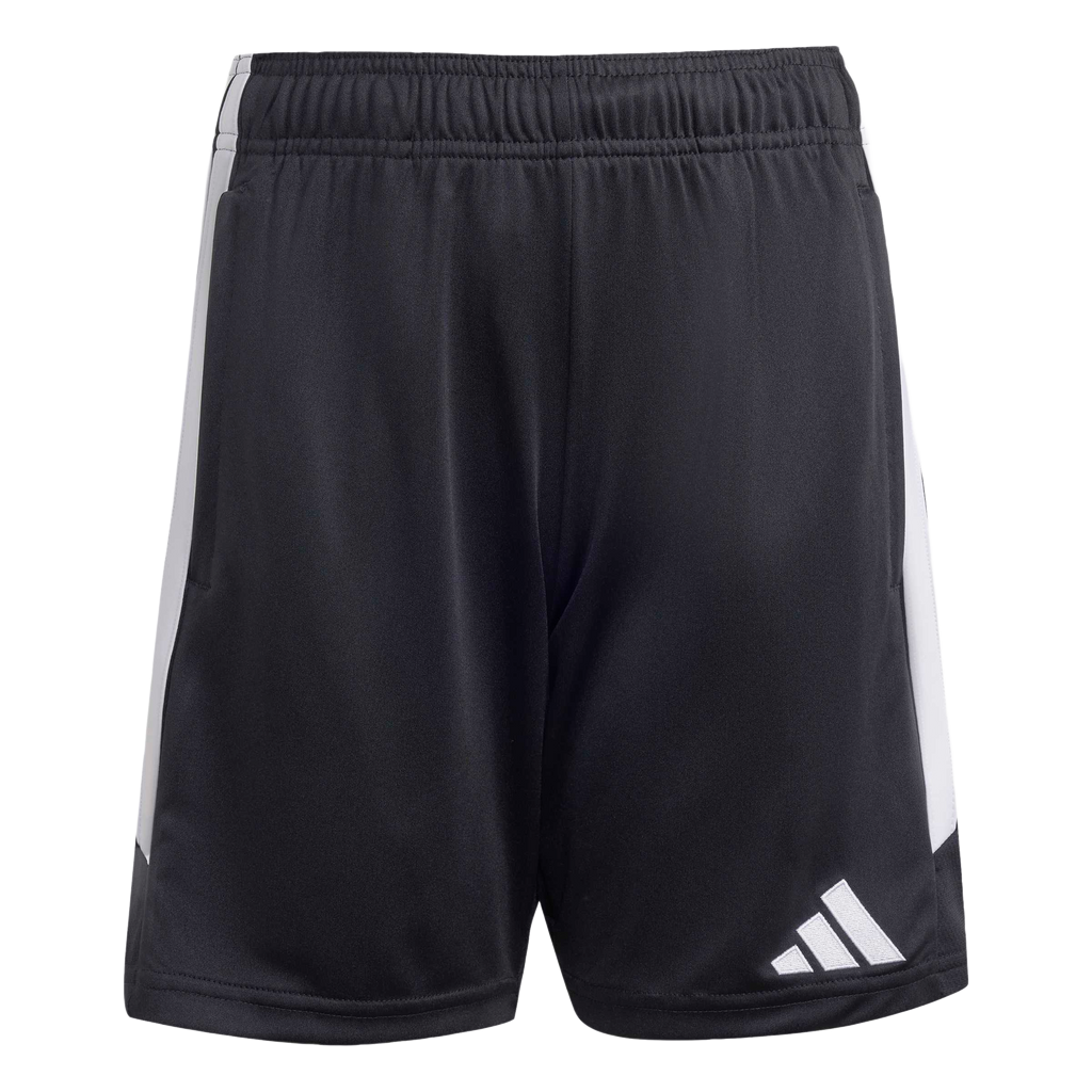 Black Adidas athletic shorts with white side panels and a white logo on the lower left leg.