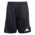Black Adidas athletic shorts with white side panels and a white logo on the lower left leg.
