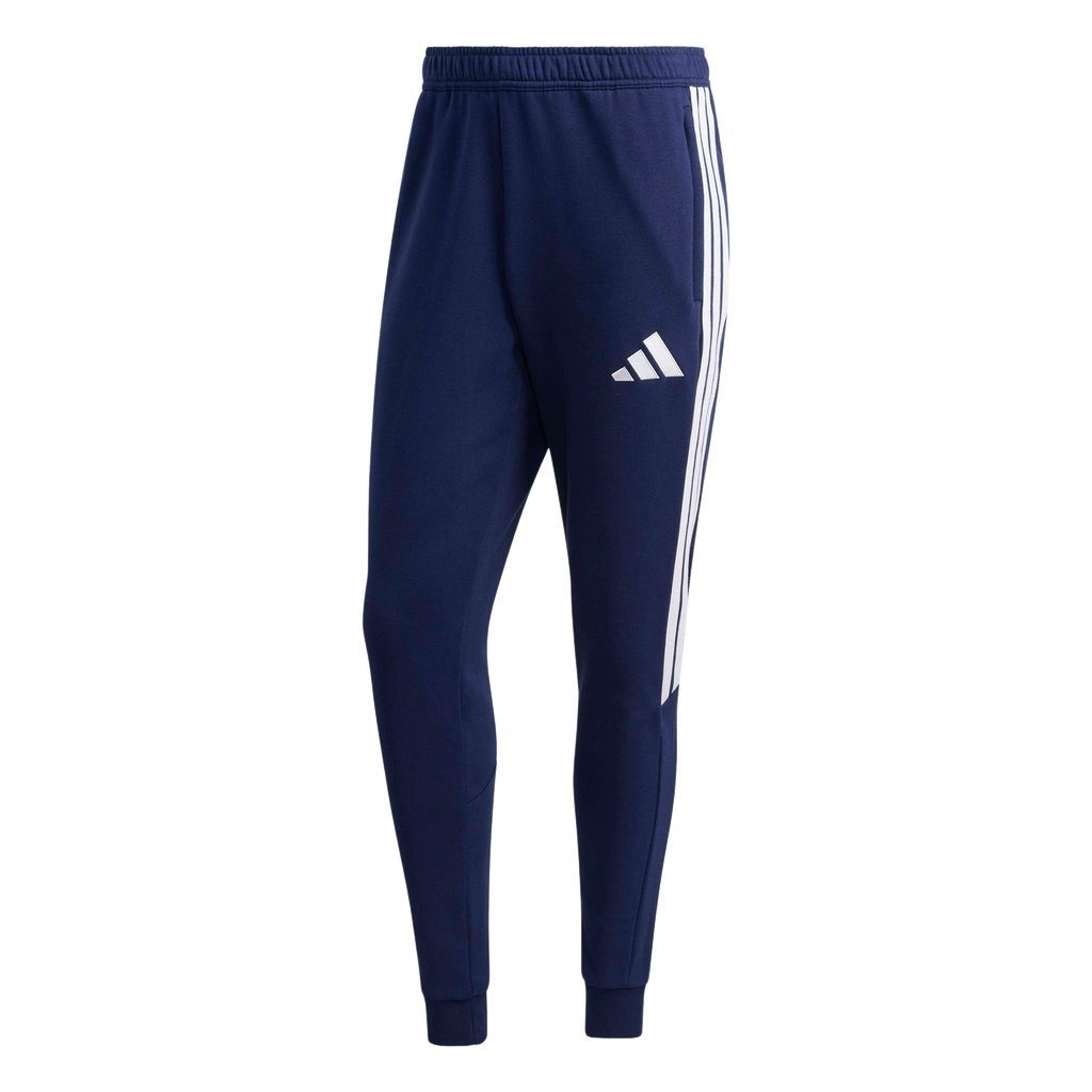 Navy blue Adidas sweatpants with three white side stripes and the white logo on the thigh. Features an elastic waistband and ankle cuffs.
