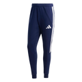 Navy blue Adidas sweatpants with three white side stripes and the white logo on the thigh. Features an elastic waistband and ankle cuffs.