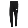 Black Adidas sweatpants with a white logo on the left thigh and white stripes down the side of the right leg.