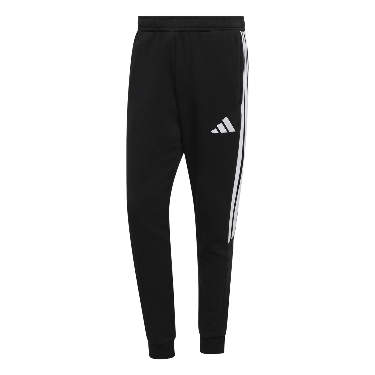 Black Adidas sweatpants with a white logo on the left thigh and white stripes down the side of the right leg.