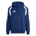 Navy blue Adidas hoodie with white curved shoulder panels, three-stripe sleeve accents, and a white chest logo. It features a drawstring hood and a front pouch pocket.