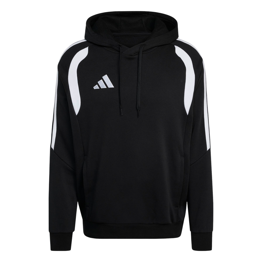 Black Adidas pullover hoodie with white curved shoulder accents, three-stripe sleeves, and a white logo on the chest.
