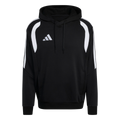 Black Adidas pullover hoodie with white curved shoulder accents, three-stripe sleeves, and a white logo on the chest.