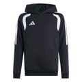 A black Adidas hoodie featuring white curved shoulder accents, stripes on the outer sleeves, and a three-bar logo on the chest.