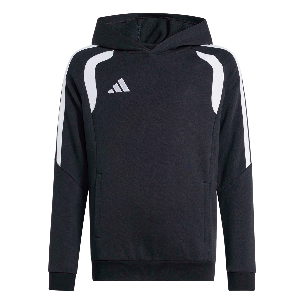 A black Adidas hoodie featuring white curved shoulder accents, stripes on the outer sleeves, and a three-bar logo on the chest.