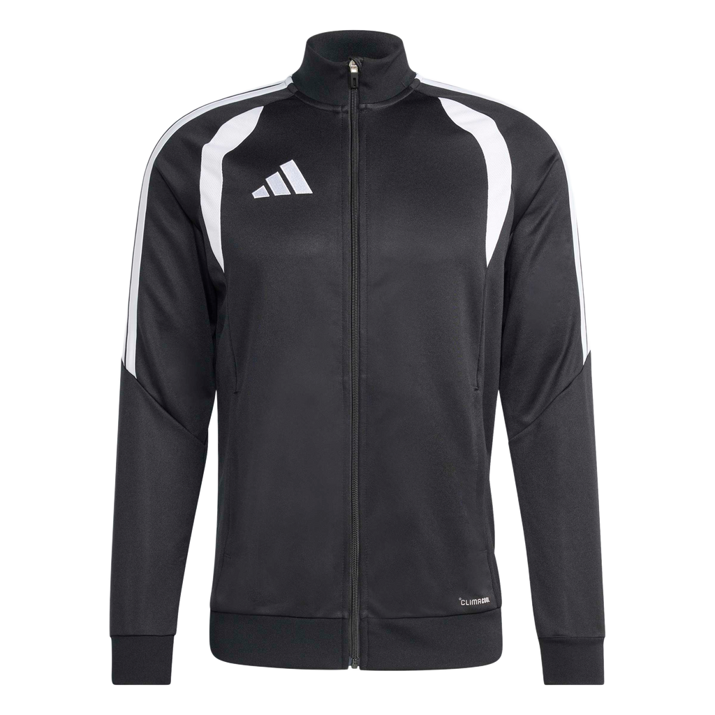 A black Adidas track jacket with white shoulder accents, sleeve stripes, and logo. Features a full front zipper and CLIMACOOL branding.
