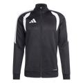 A black Adidas track jacket with white shoulder accents, sleeve stripes, and logo. Features a full front zipper and CLIMACOOL branding.