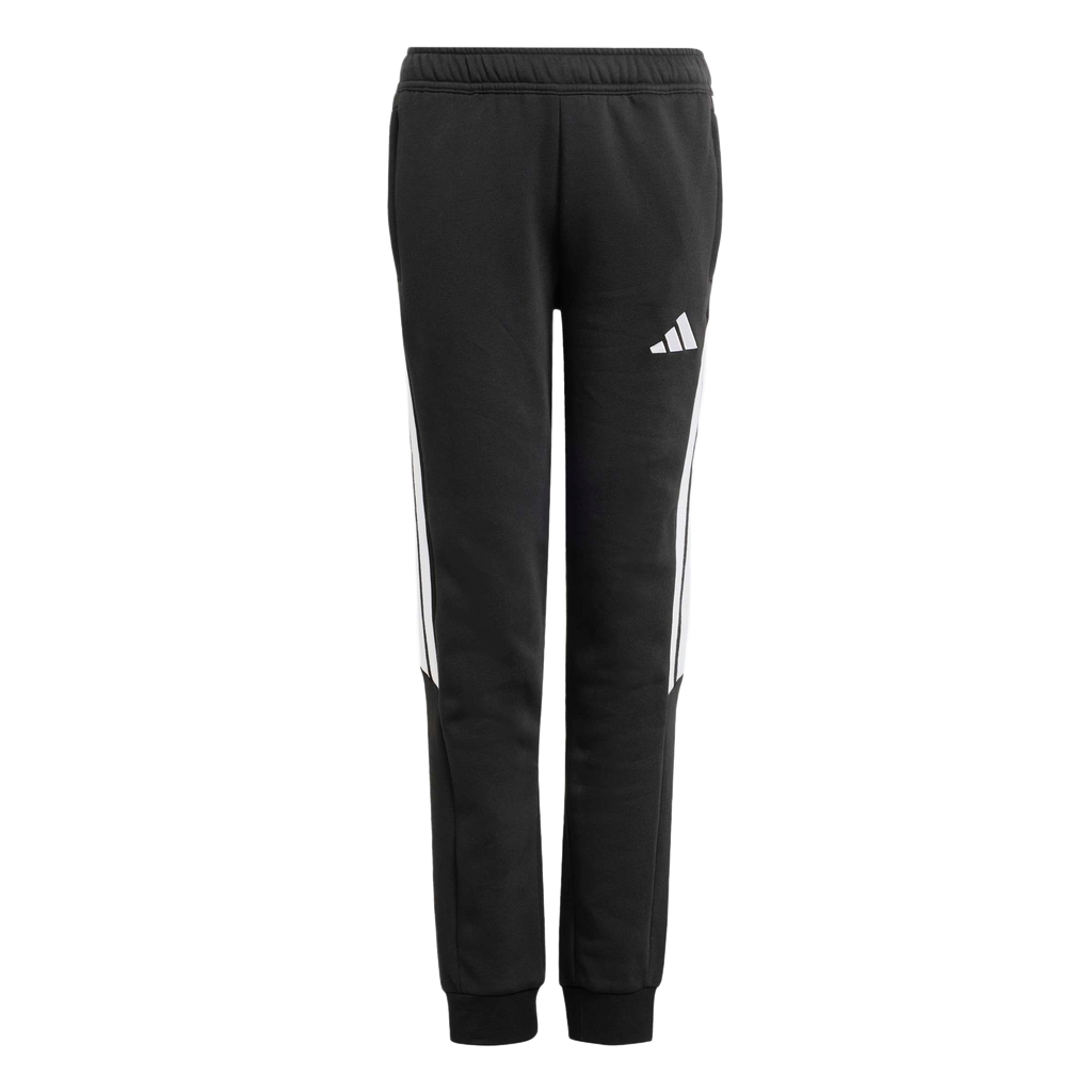 Black Adidas sweatpants with white stripes on the sides and a white logo on the left thigh. The joggers feature an elastic waistband and ribbed ankle cuffs.
