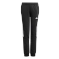 Black Adidas sweatpants with white stripes on the sides and a white logo on the left thigh. The joggers feature an elastic waistband and ribbed ankle cuffs.