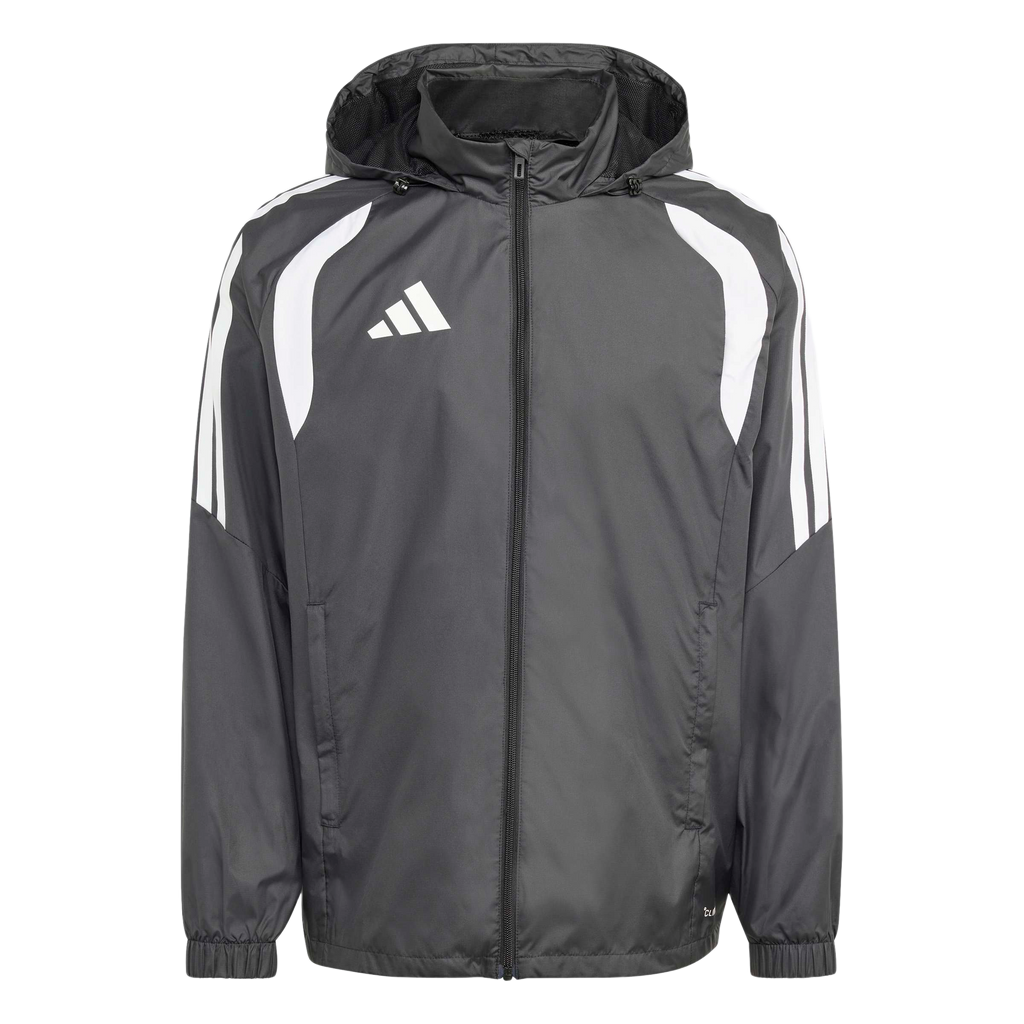 A dark grey Adidas hooded windbreaker with white shoulder panels and three stripes on the sleeves.
