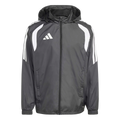 A dark grey Adidas hooded windbreaker with white shoulder panels and three stripes on the sleeves.