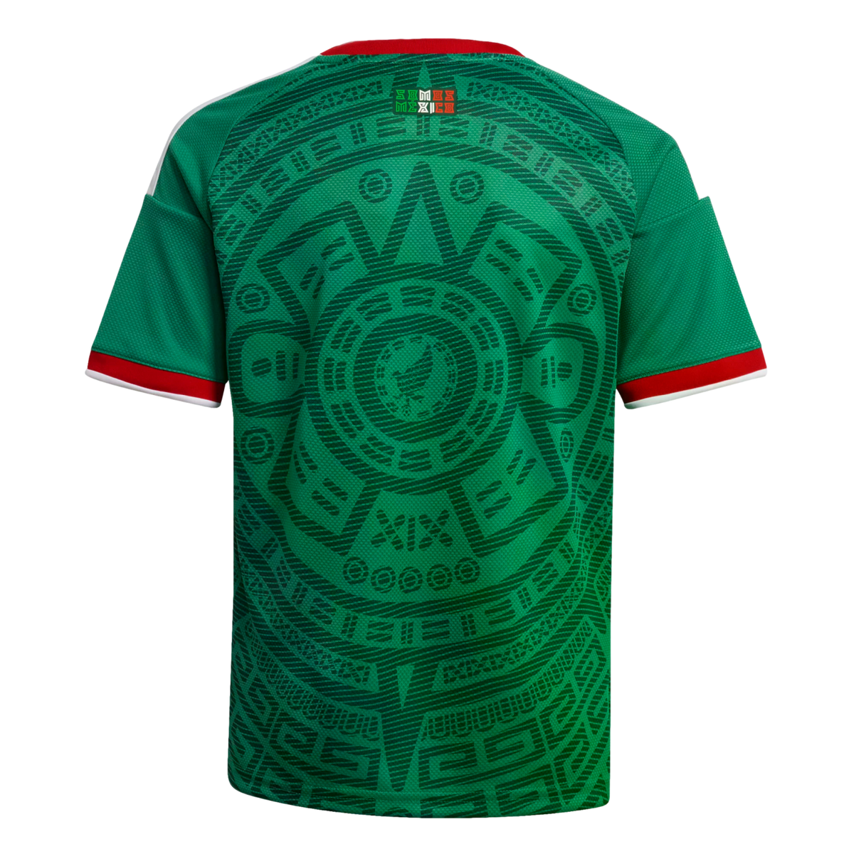 Back view of a green soccer jersey featuring an intricate dark green Aztec-inspired pattern, with red and white trim on the collar and sleeves.