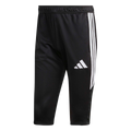 Black Adidas cropped athletic pants with three white side stripes and a white logo on the right thigh.