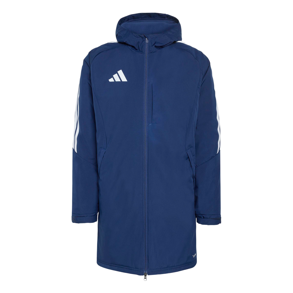 A long, navy blue Adidas hooded parka featuring three white stripes on the sleeves and a white Adidas logo on the chest.