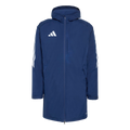 A long, navy blue Adidas hooded parka featuring three white stripes on the sleeves and a white Adidas logo on the chest.