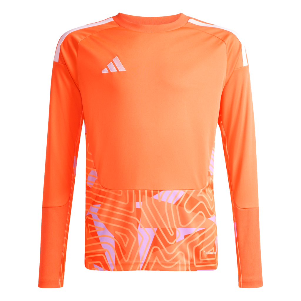 Orange Adidas long-sleeve jersey with white shoulder stripes and a light purple geometric pattern on the lower half.
