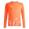 Orange Adidas long-sleeve jersey with white shoulder stripes and a light purple geometric pattern on the lower half.
