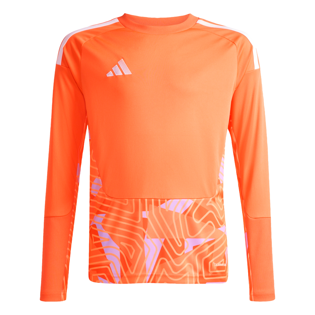 Orange Adidas long-sleeve jersey with white shoulder stripes and a light purple geometric pattern on the lower half.