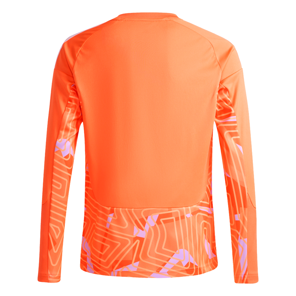 Back view of an orange long-sleeved sports jersey with a geometric pattern on the sleeves and lower back.