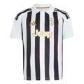 A black and white vertically striped Juventus soccer jersey with a white collar and gold-colored Adidas, Jeep, and club crest logos.